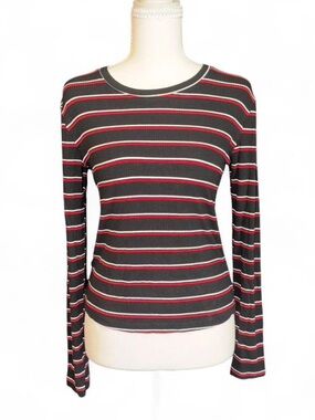 POPULAR 21 Black Long-Sleeve Ribbed Tee with Red and White Stripes